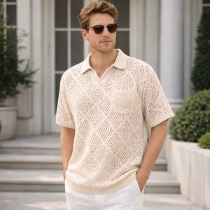 MASSIVE LUXURY New Knit Crochet Polo Shirt 100% Cotton Beige MEDIUM  Unisex‎